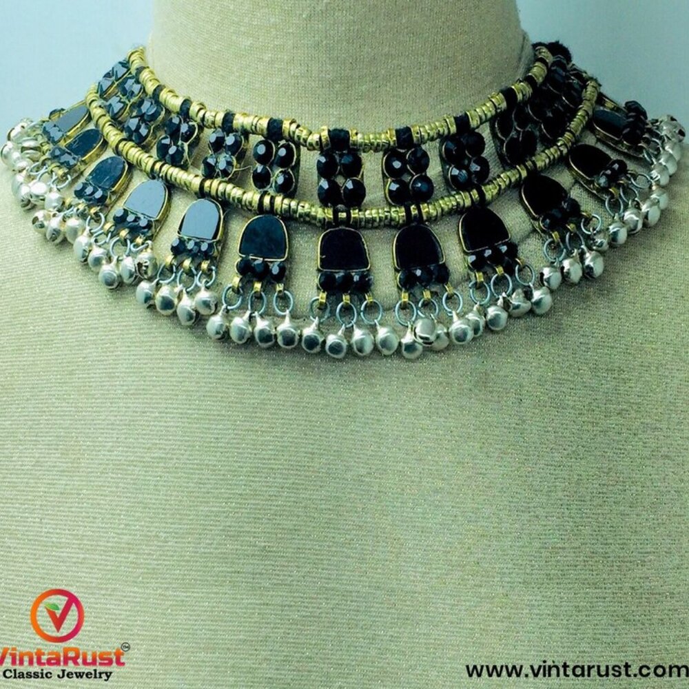 Turkmen Tribal Choker: Handmade Ethnic Necklace with Glass Stones & Bells